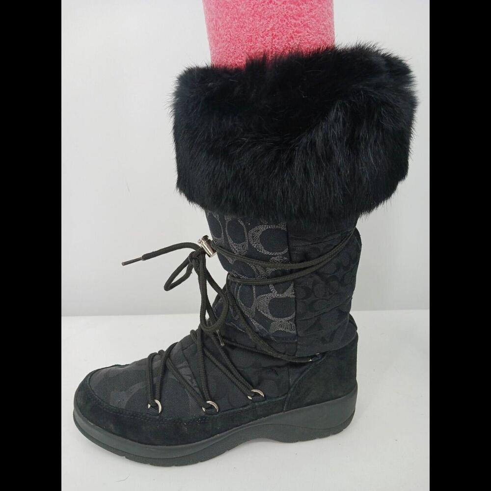 Coach Women Boot 8 Black Snow Boot Lacing Fur Trim Logo Stacked Heel Low - Picture 9 of 11
